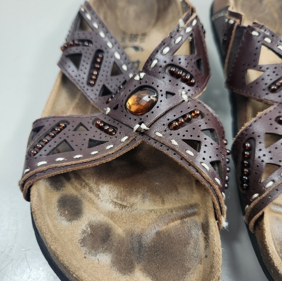 Betula by Birkenstock Joyce Beaded Double Leather Sandals Brown 8-8.5 Narrow - Picture 5 of 15
